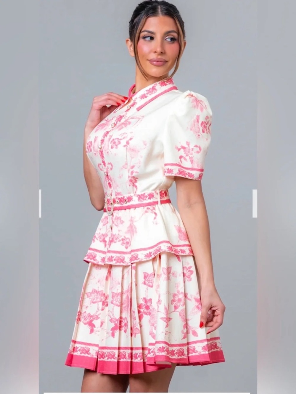 Boutique Ivory & Pink Floral Peplum Belted Dress Size Small NWOT - Picture 6 of 6
